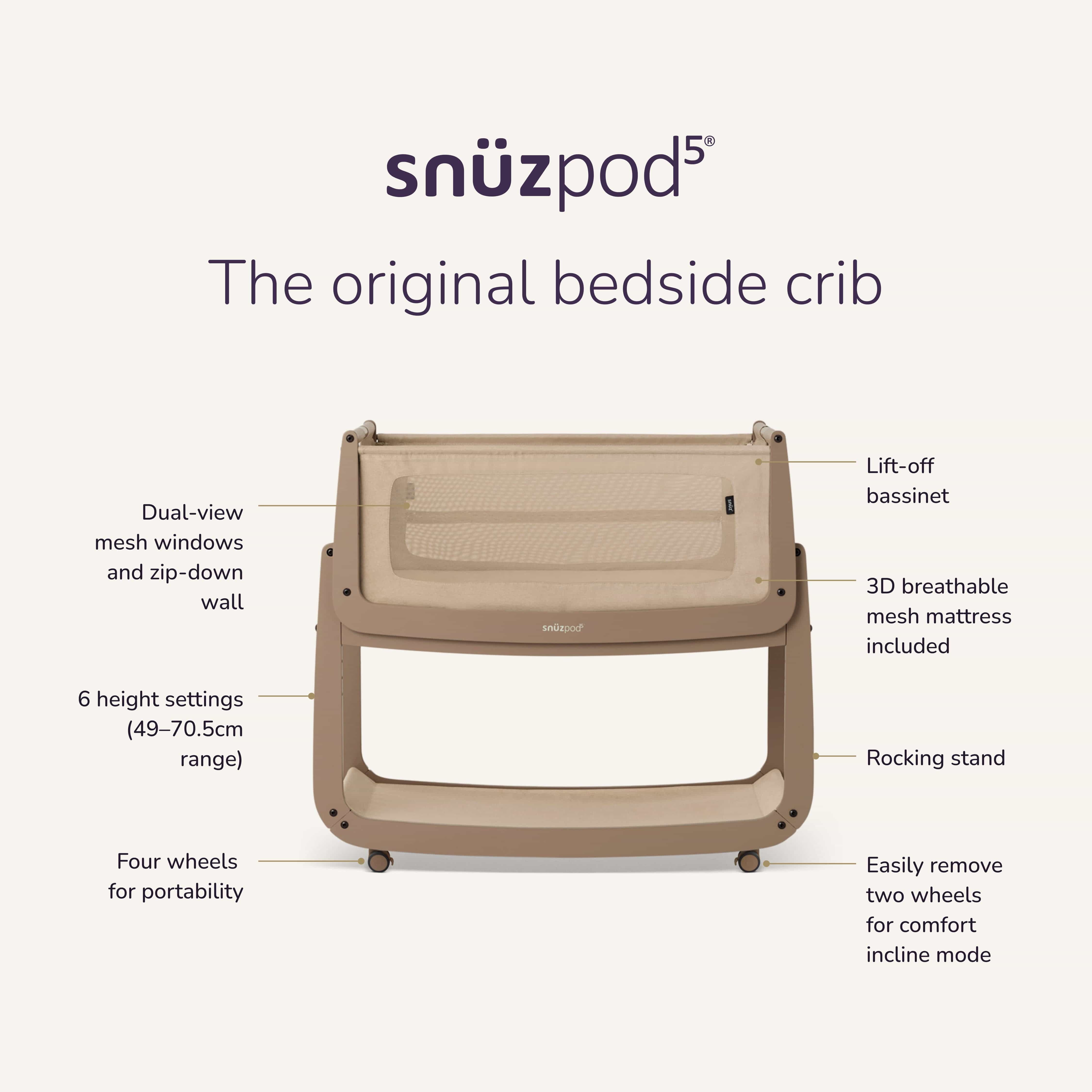 SnuzPod5 Bedside Crib Mocha - Image 10