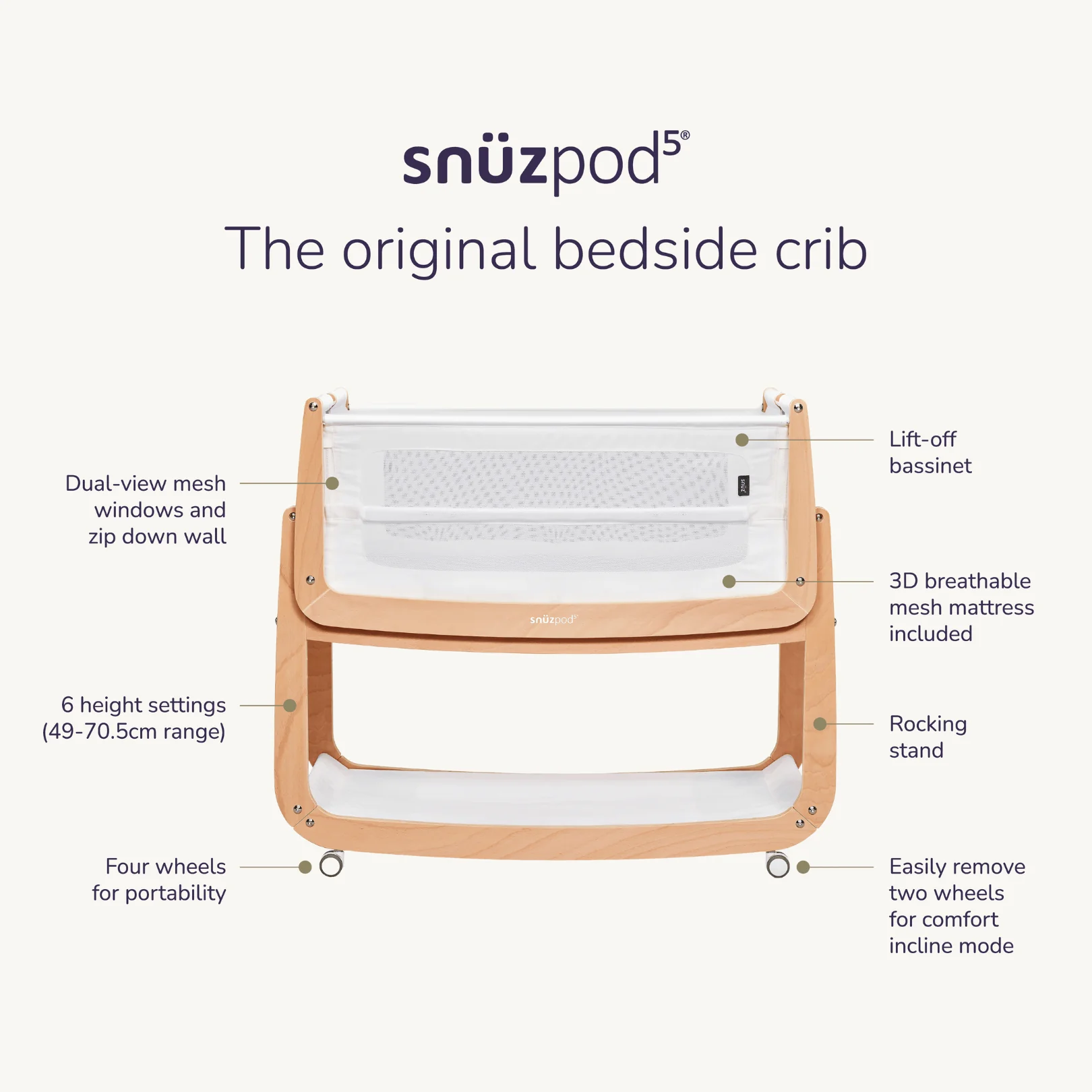 SnuzPod5 Bedside Crib Natural - Image 10